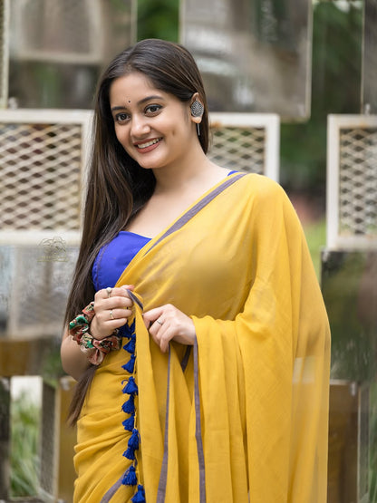 Aparna Yellow Premium MulCotton Saree With Grey Boder For Women