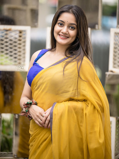Aparna Yellow Premium MulCotton Saree With Grey Boder For Women