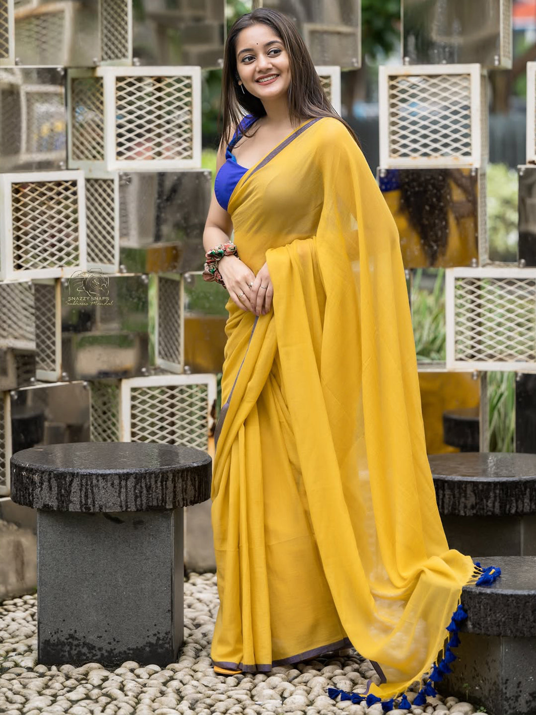 Aparna Yellow Premium MulCotton Saree With Grey Boder For Women