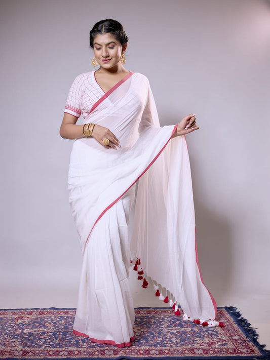Aparna White Saree With Red Boder Cotton Saree For Women