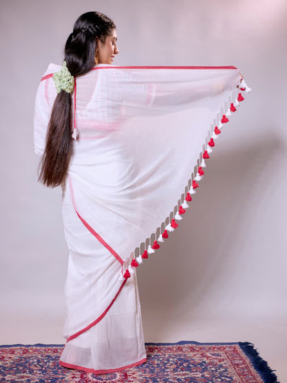 Aparna White Saree With Red Boder Cotton Saree For Women
