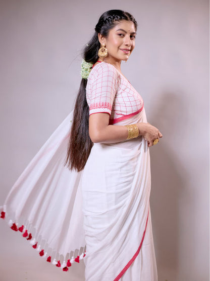 Aparna White Saree With Red Boder Cotton Saree For Women