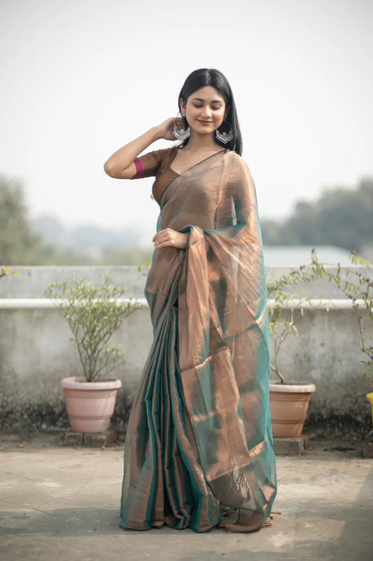 Aparna Brown & Gold Dual Tone Raga Tissue Saree For Women & Girls