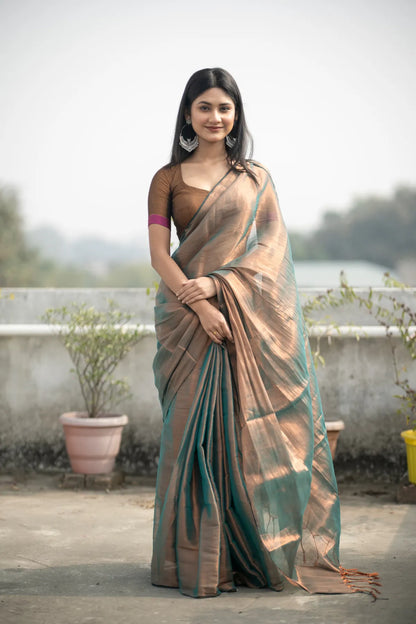 Aparna Brown & Gold Dual Tone Raga Tissue Saree For Women & Girls