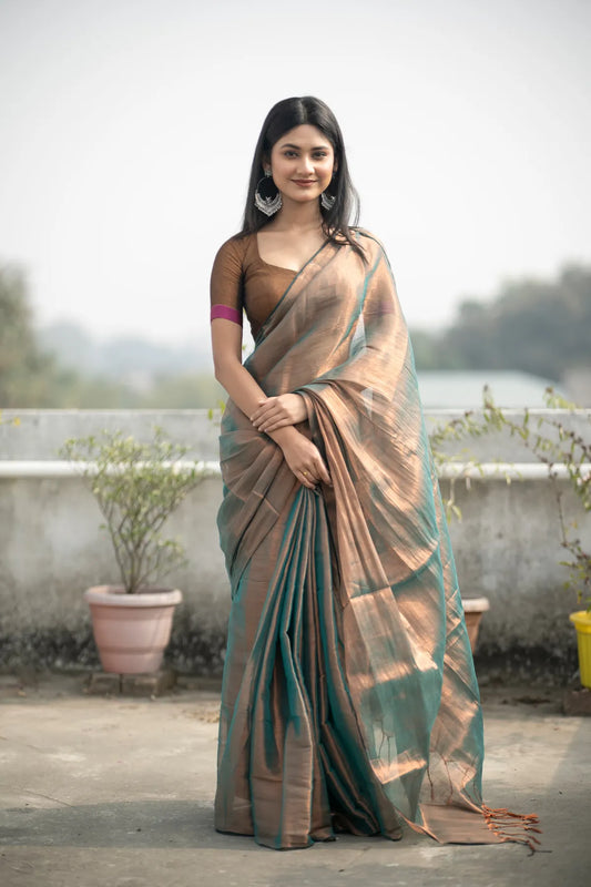 Aparna Brown & Gold Dual Tone Raga Tissue Saree For Women & Girls