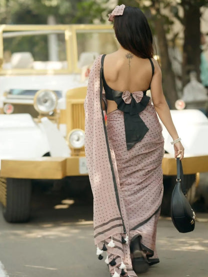 Peach Premium Hand Printed Cotton Saree For Women