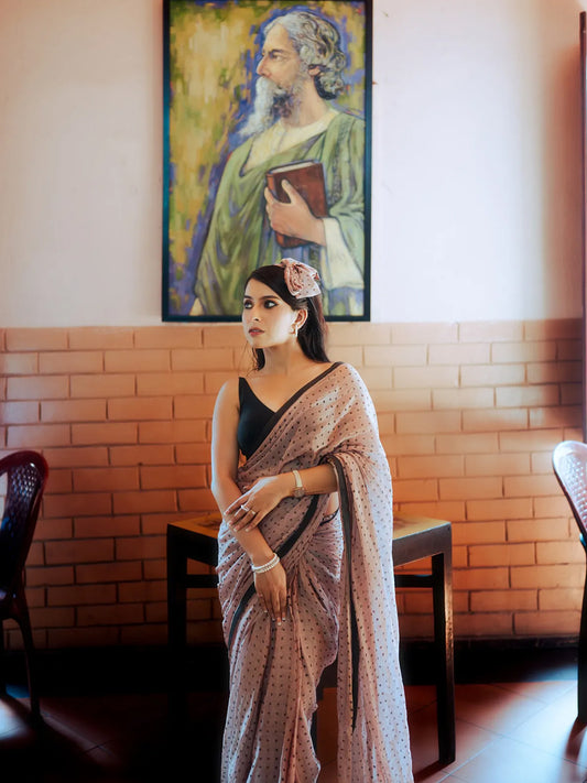 Peach Premium Hand Printed Cotton Saree For Women