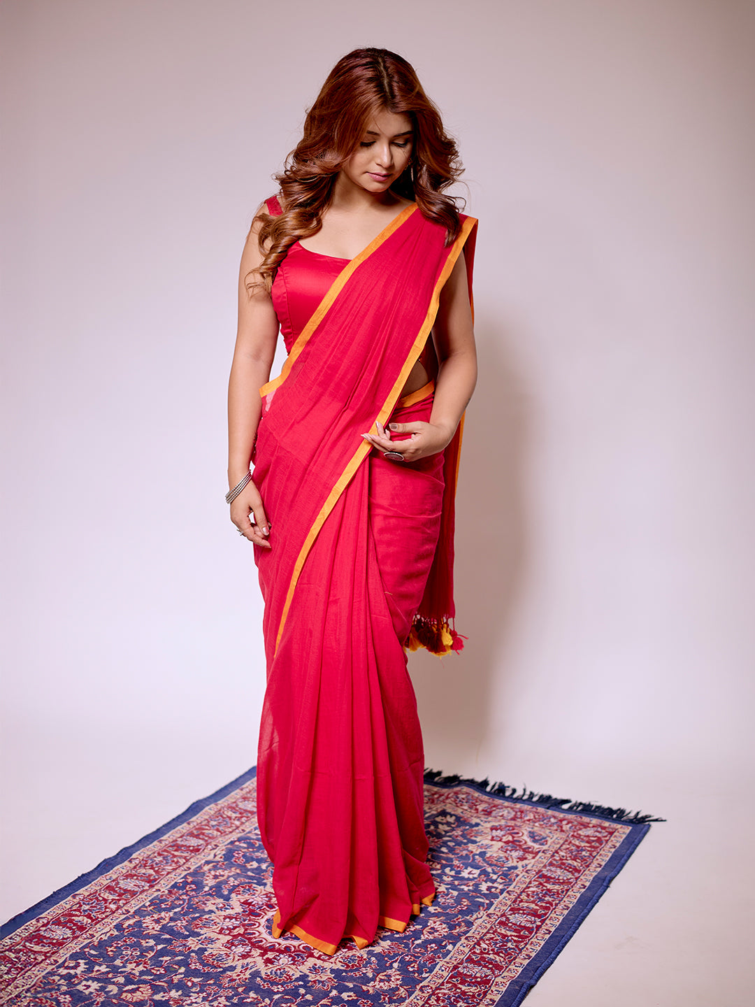 Aparna Red Premium MulCotton Saree With Yellow Boder For Women