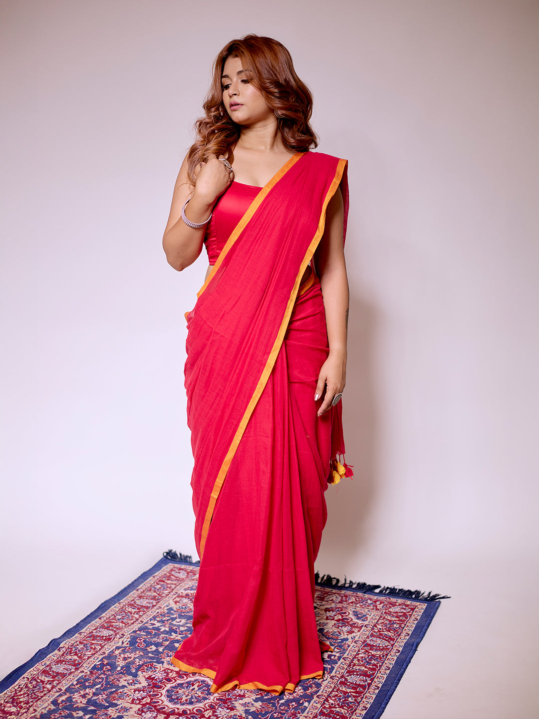 Aparna Red Premium MulCotton Saree With Yellow Boder For Women