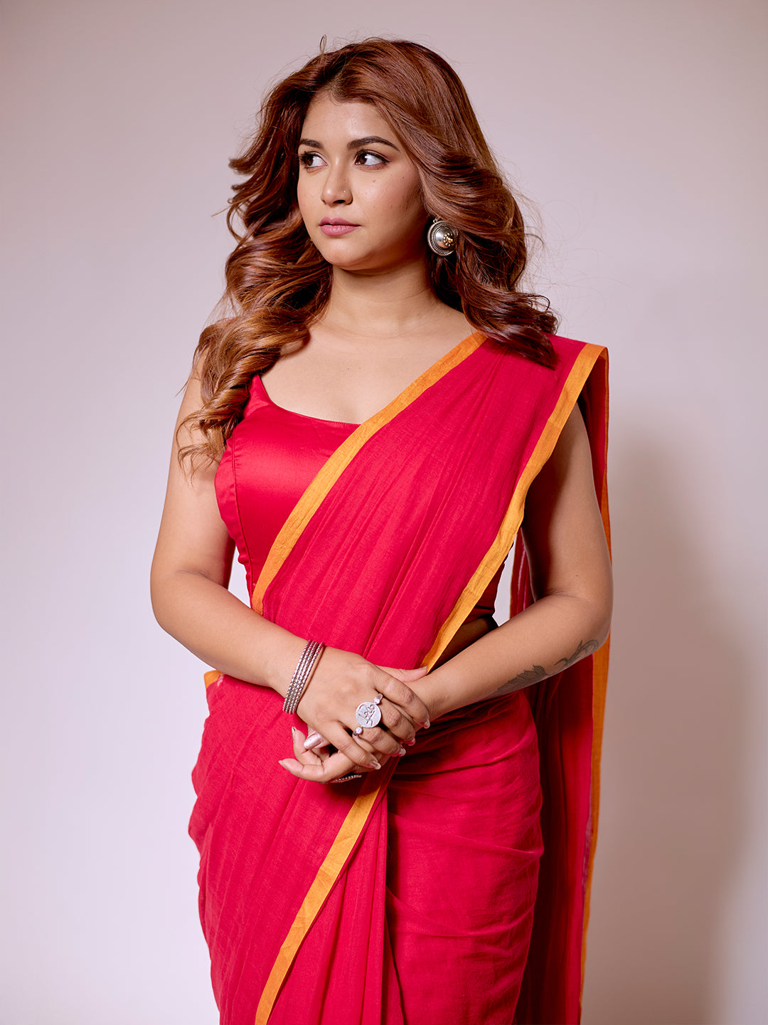 Aparna Red Premium MulCotton Saree With Yellow Boder For Women