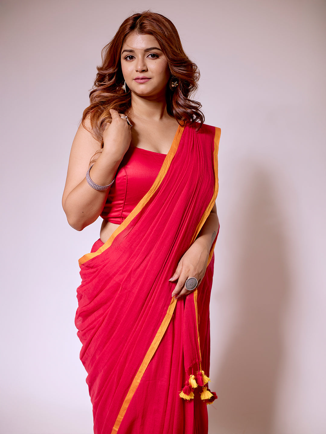 Aparna Red Premium MulCotton Saree With Yellow Boder For Women