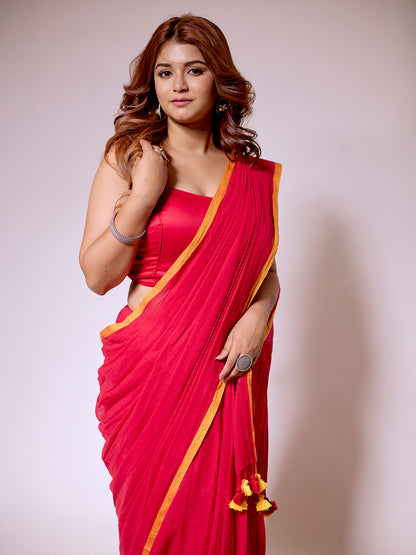 Aparna Red Premium MulCotton Saree With Yellow Boder For Women