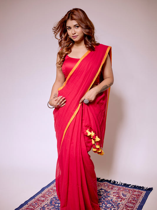 Aparna Red Premium MulCotton Saree With Yellow Boder For Women
