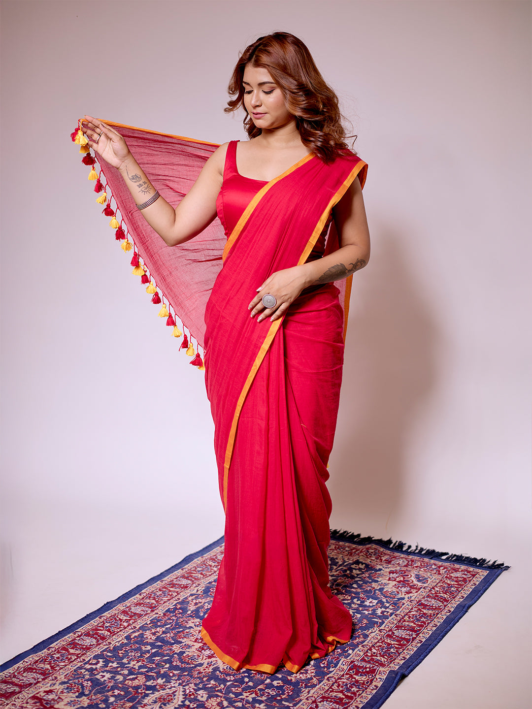 Aparna Red Premium MulCotton Saree With Yellow Boder For Women