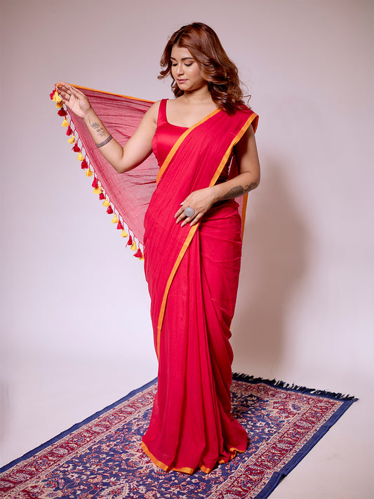 Aparna Red Premium MulCotton Saree With Yellow Boder For Women