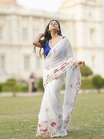 Premium White Saree With Embroidery Work For Women