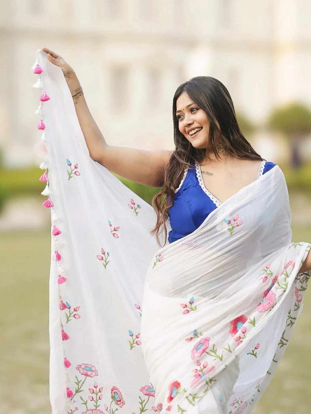 Premium White Saree With Embroidery Work For Women