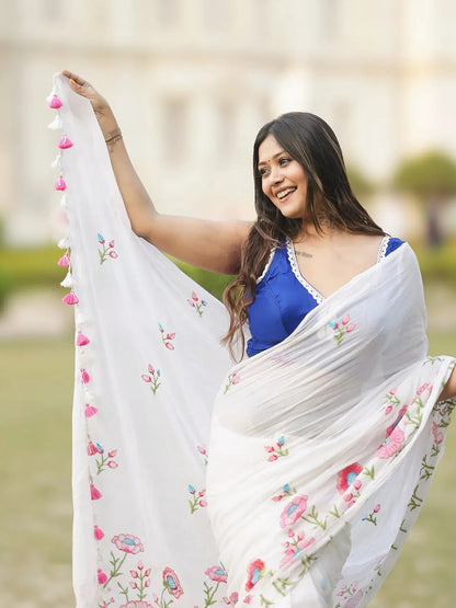 Premium White Saree With Embroidery Work For Women