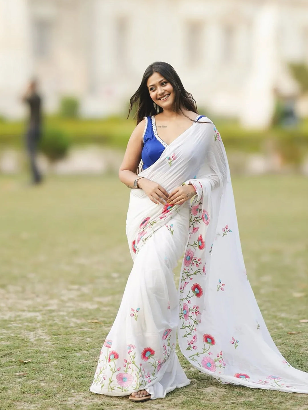 Premium White Saree With Embroidery Work For Women
