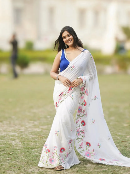 Premium White Saree With Embroidery Work For Women