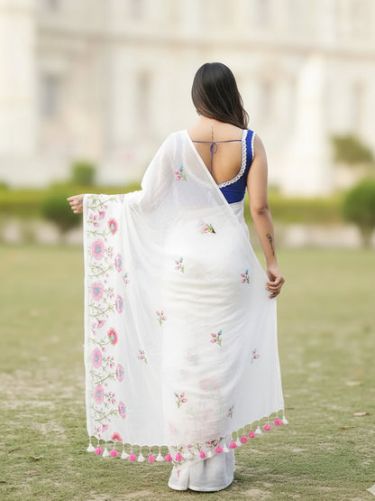 Premium White Saree With Embroidery Work For Women