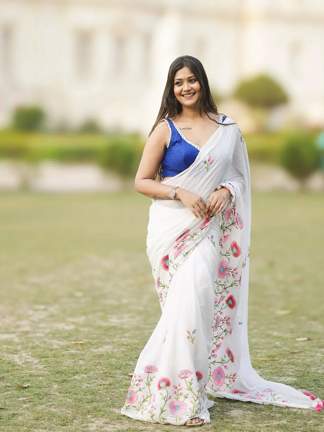 Premium White Saree With Embroidery Work For Women