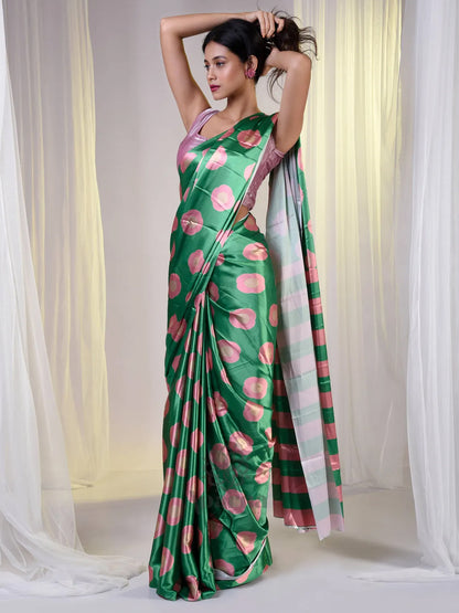 Aparna Green Satin Saree With Peach Colour Prints Saree For Women