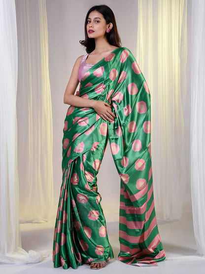 Aparna Green Satin Saree With Peach Colour Prints Saree For Women