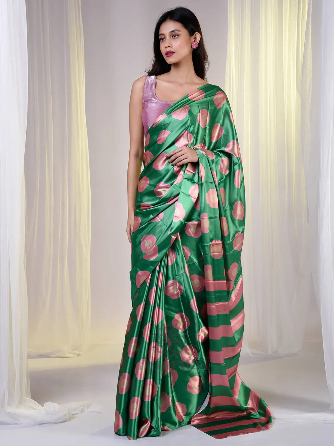 Aparna Green Satin Saree With Peach Colour Prints Saree For Women
