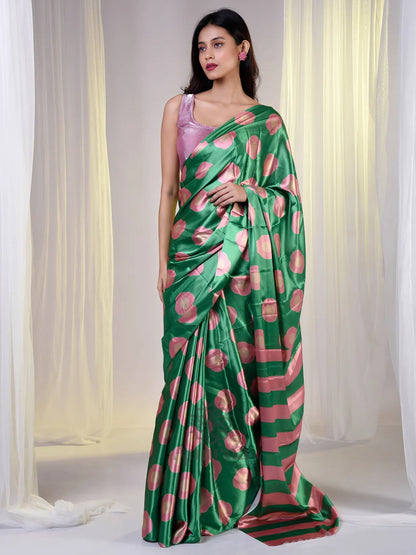 Aparna Green Satin Saree With Peach Colour Prints Saree For Women