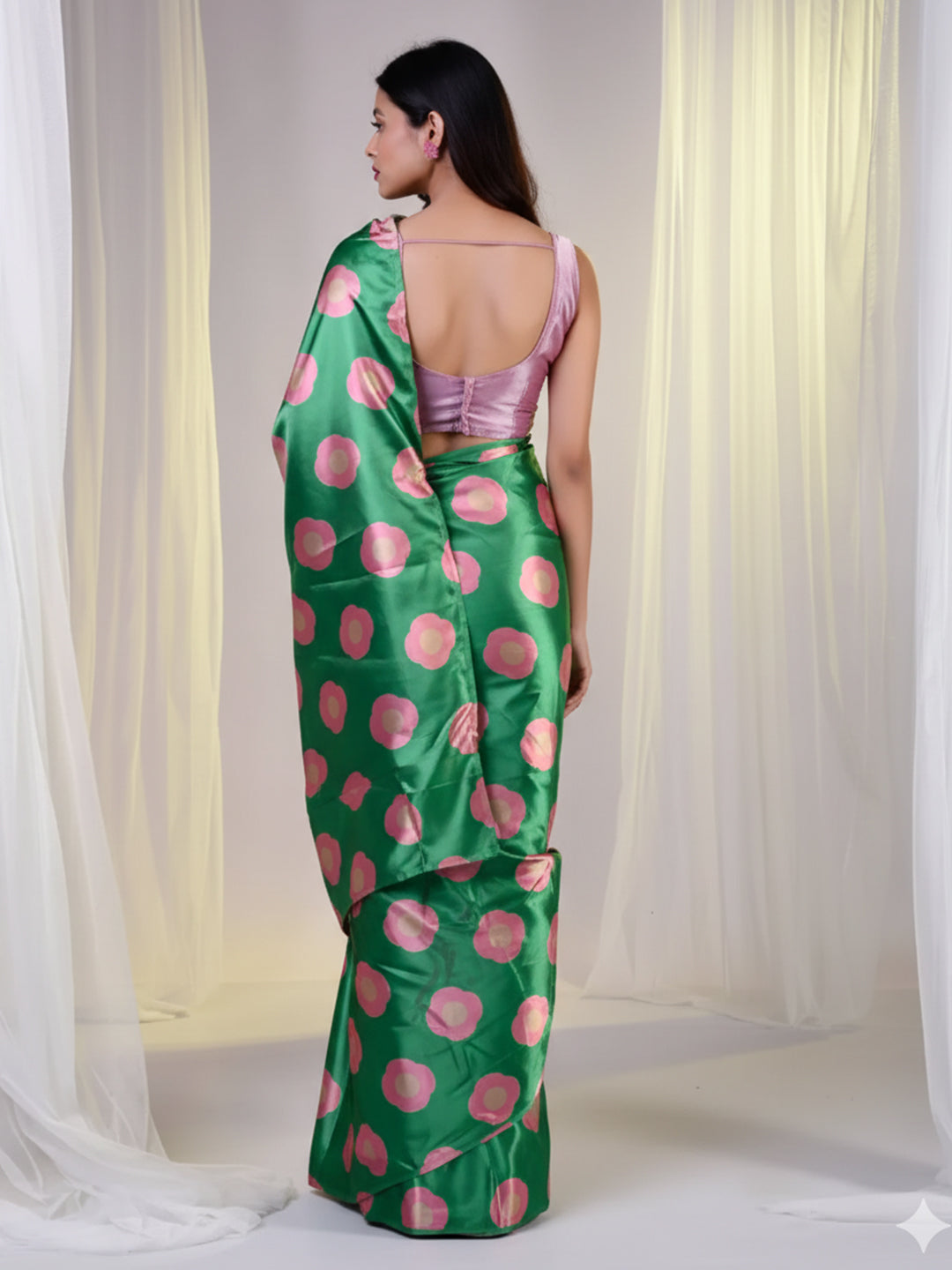 Aparna Green Satin Saree With Peach Colour Prints Saree For Women