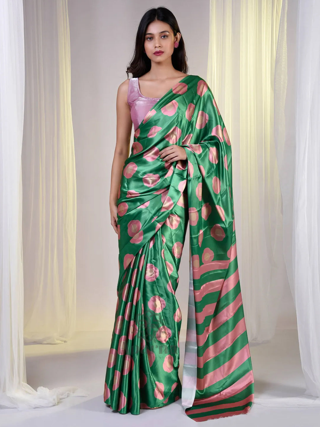 Aparna Green Satin Saree With Peach Colour Prints Saree For Women