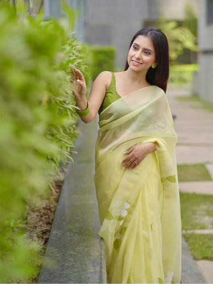 Aparna Yellow Abstract Flower Print Fine Organza Saree For Women