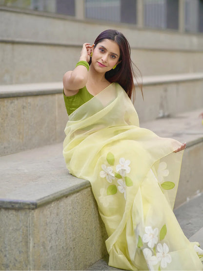 Aparna Yellow Abstract Flower Print Fine Organza Saree For Women