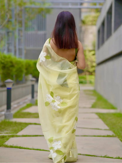 Aparna Yellow Abstract Flower Print Fine Organza Saree For Women