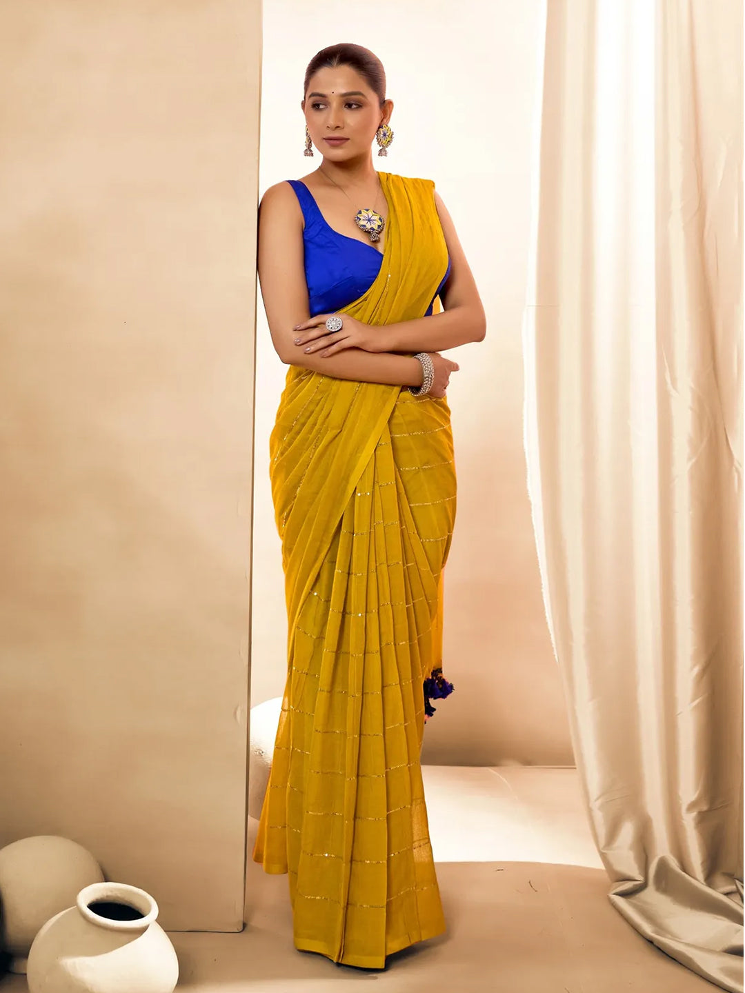 Yellow Mul Cotton Saree With Golden Stripe For Women