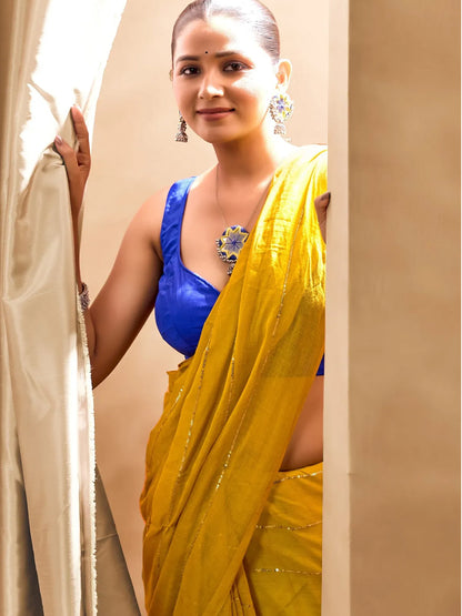 Yellow Mul Cotton Saree With Golden Stripe For Women