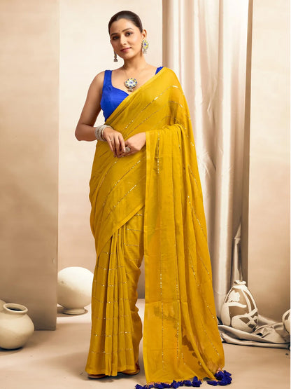 Yellow Mul Cotton Saree With Golden Stripe For Women