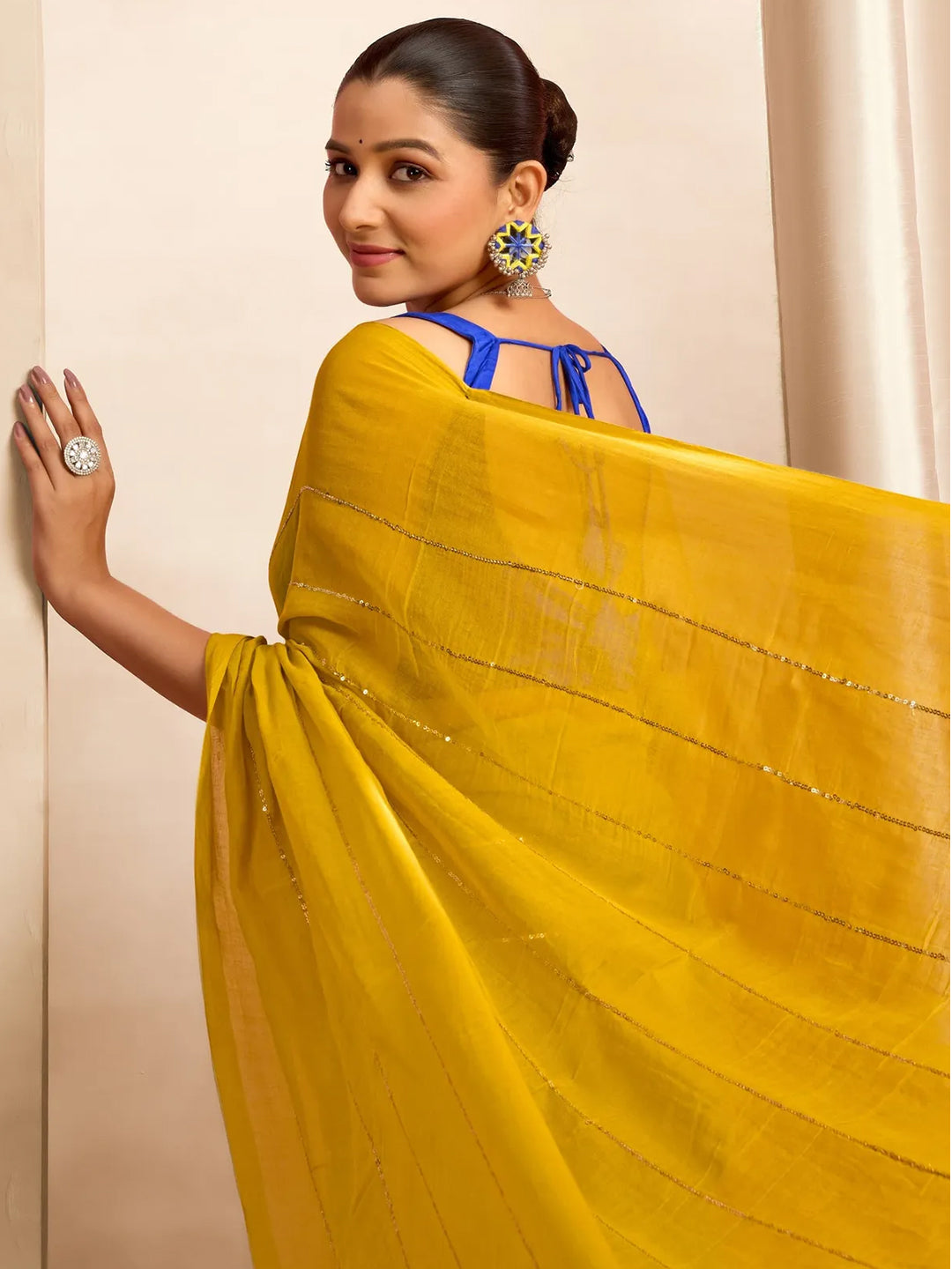 Yellow Mul Cotton Saree With Golden Stripe For Women