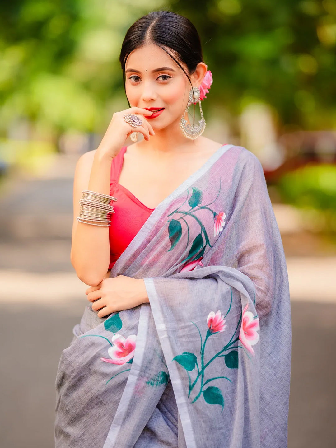 Aparna Floral Print Light Gray Mul Cotton Saree For Women