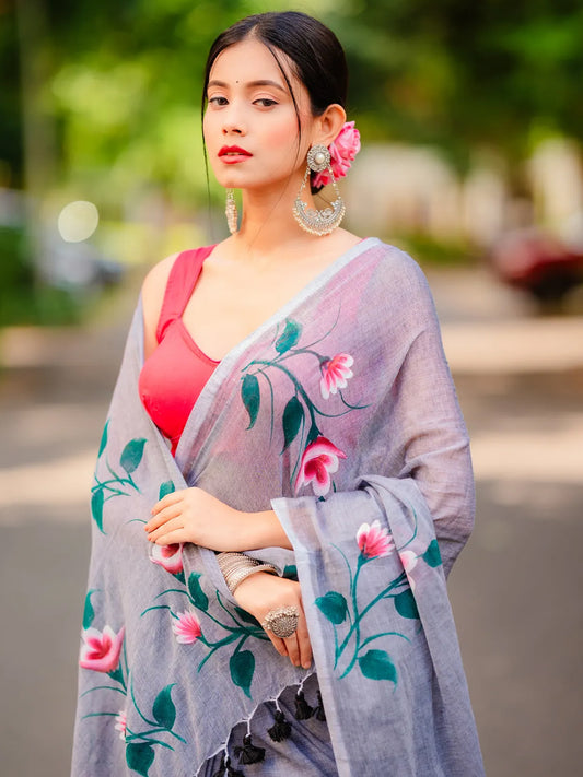 Aparna Floral Print Light Gray Mul Cotton Saree For Women