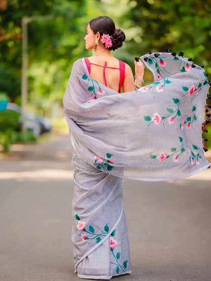 Aparna Floral Print Light Gray Mul Cotton Saree For Women
