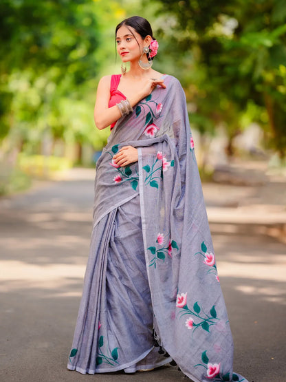 Aparna Floral Print Light Gray Mul Cotton Saree For Women