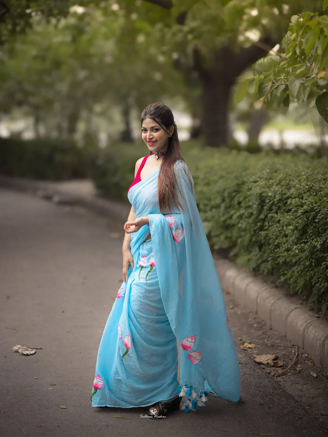 Aparna Sky Blue Premium Hand Printed Mul Cotton Saree For Women