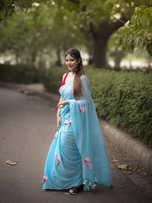 Aparna Sky Blue Premium Hand Printed Mul Cotton Saree For Women