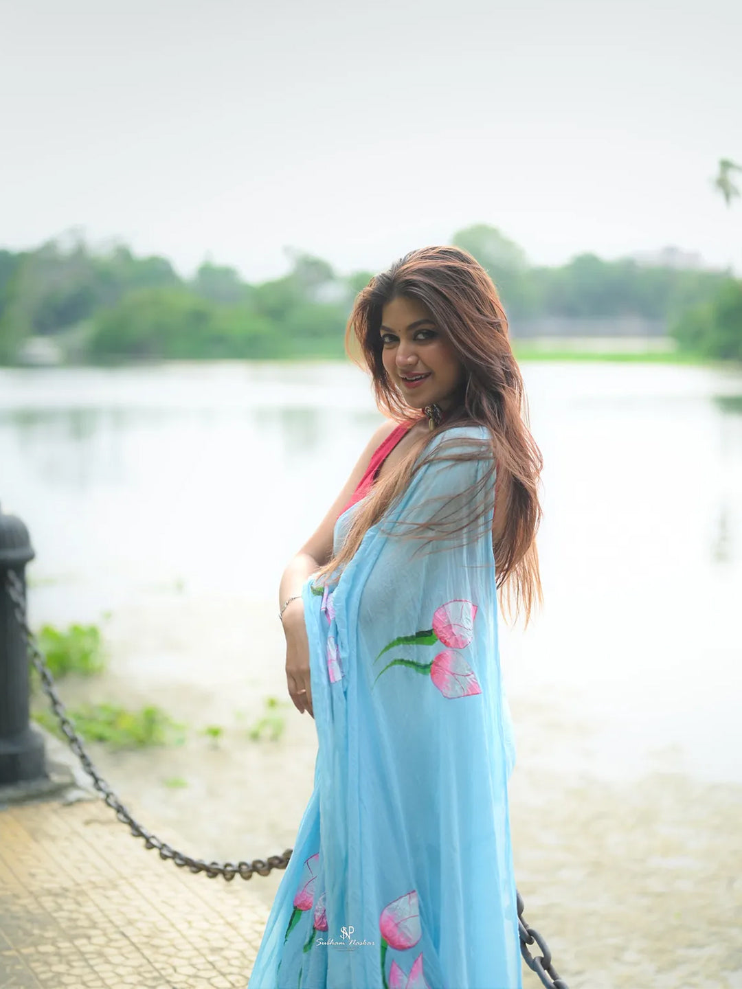 Aparna Sky Blue Premium Hand Printed Mul Cotton Saree For Women