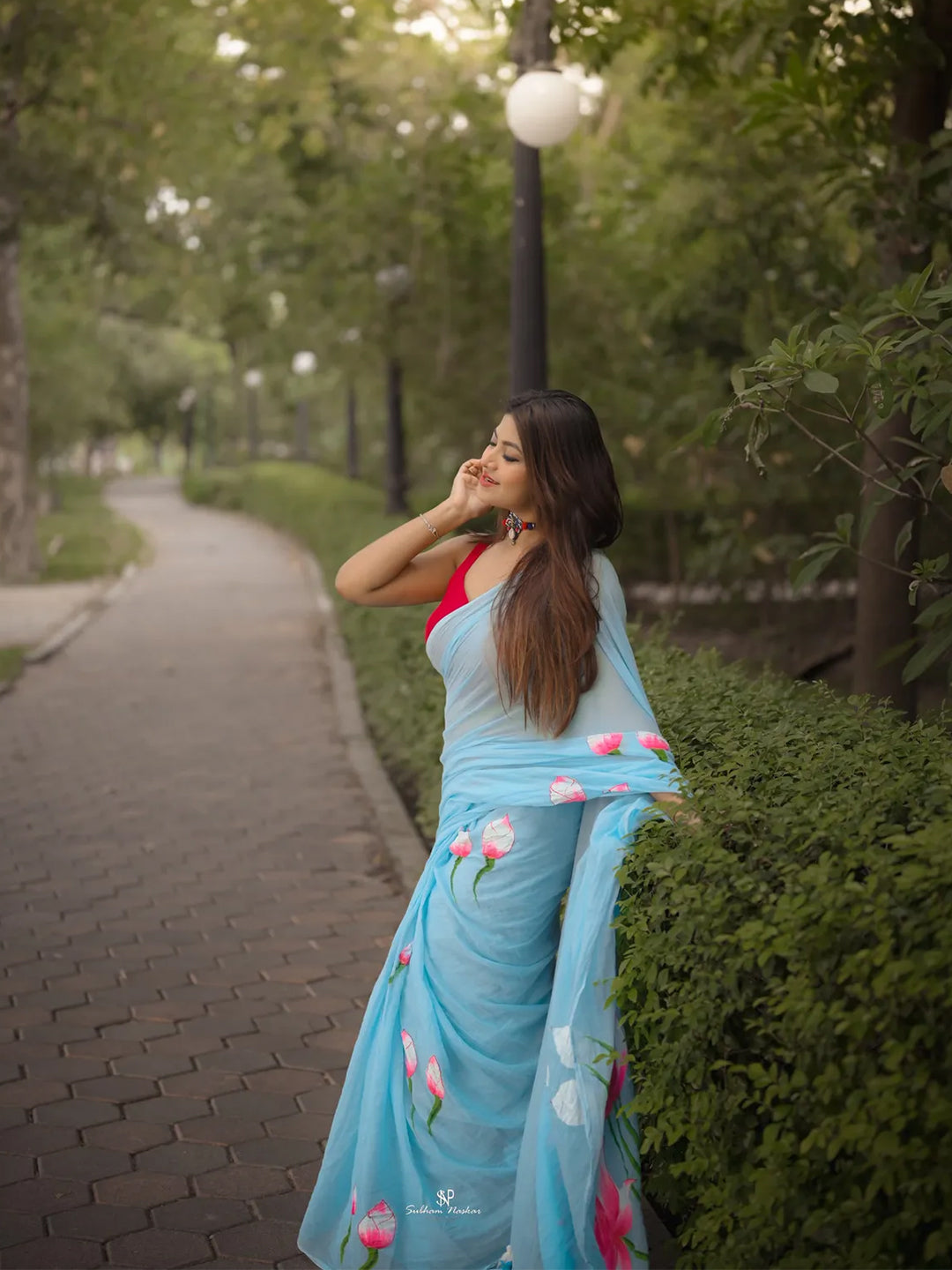 Aparna Sky Blue Premium Hand Printed Mul Cotton Saree For Women