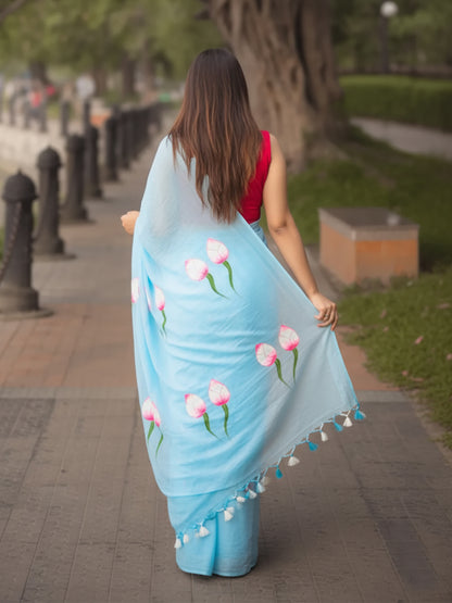 Aparna Sky Blue Premium Hand Printed Mul Cotton Saree For Women