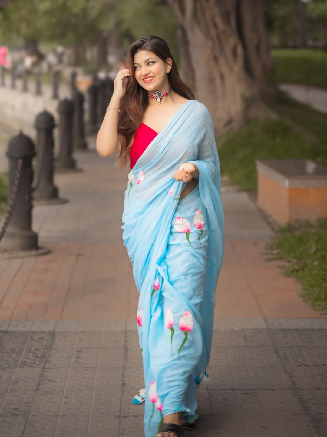 Aparna Sky Blue Premium Hand Printed Mul Cotton Saree For Women