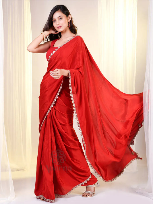 Cherry Red Cotton Based Satin Saree With Golden Lace